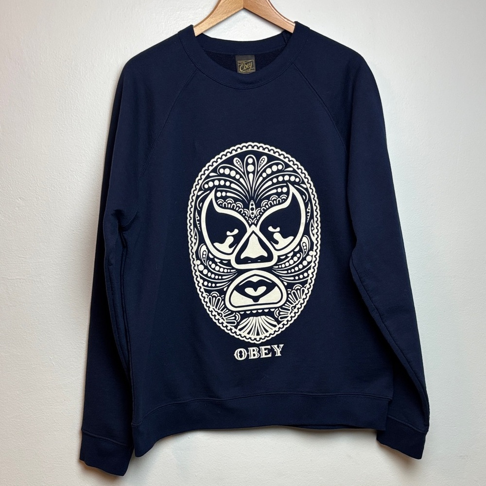 VTG Obey Men's XL Luchador Stencil Navy Blue Crewneck Sweater Made In USA